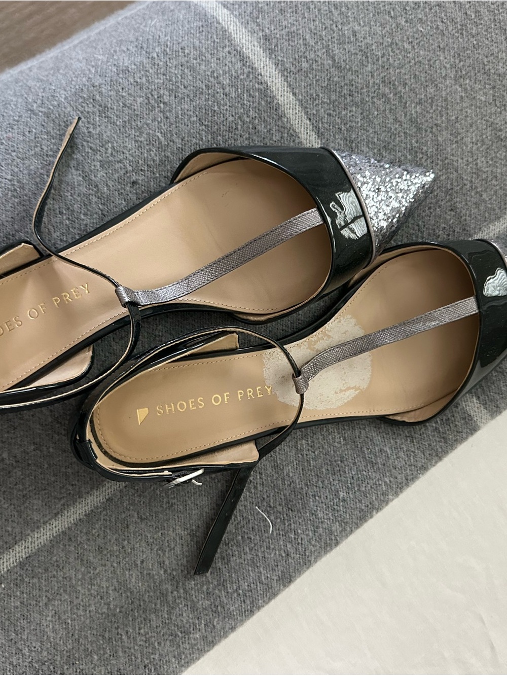 Shoes of Prey Black Patent Pointed-Toe t strap flats with Silver Glitter Cap